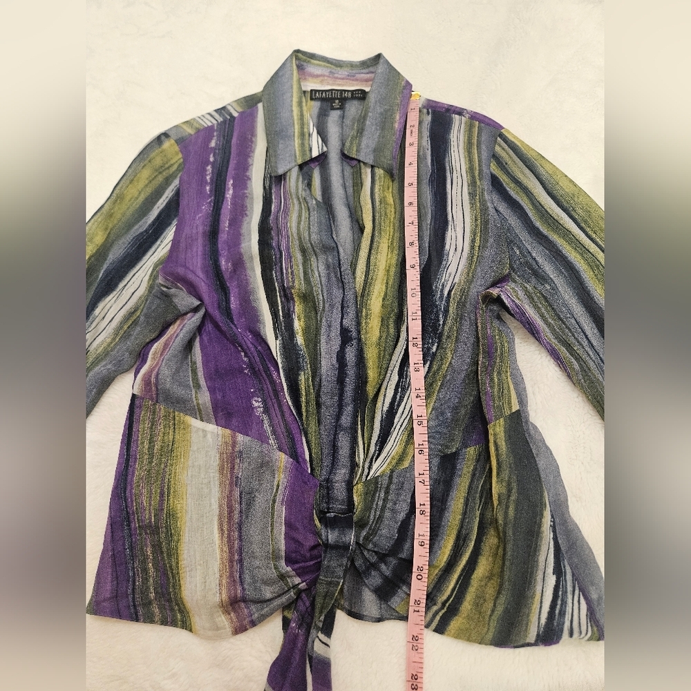 Lafayette 148 Purple And Green Tie Front Silk Blend Long Sleeve Size 10 - Picture 7 of 9
